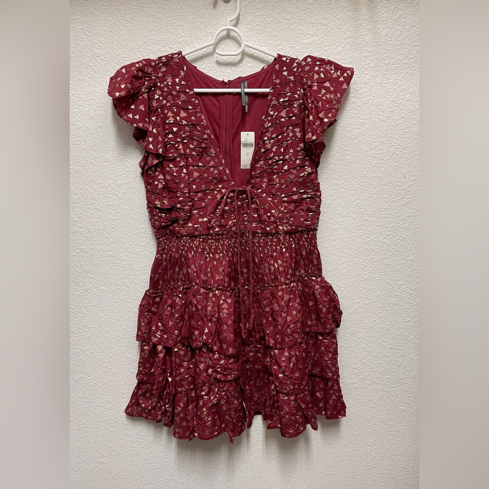 ANTHROPOLOGIE Short Sleeve Ruffled Mini Tier Burgundy Gold Metallic Party Dress